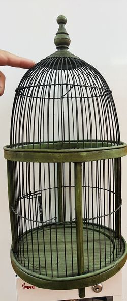 Vtg Wood Bird Cage House Hanging Metal Antique Green 
