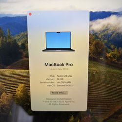 2023/2024 MacBook Pro 14 Inch M3 max processor 36 GB memory one terabyte storage AppleCare March 22, 2027