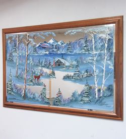 36x24 ORIGINAL SIGNED WINTER PAINTING ON MIRROR. WOOD FRAME. PICK UP ONLY.