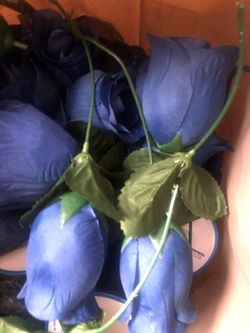 Blue themed party decorations. Flowers and organza ribbons