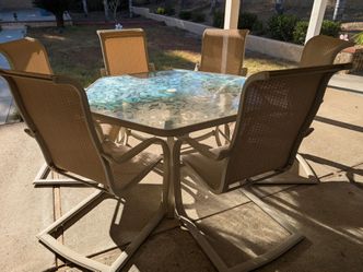 Glass Patio Outdoor Dining Table Set with 6 Chairs
