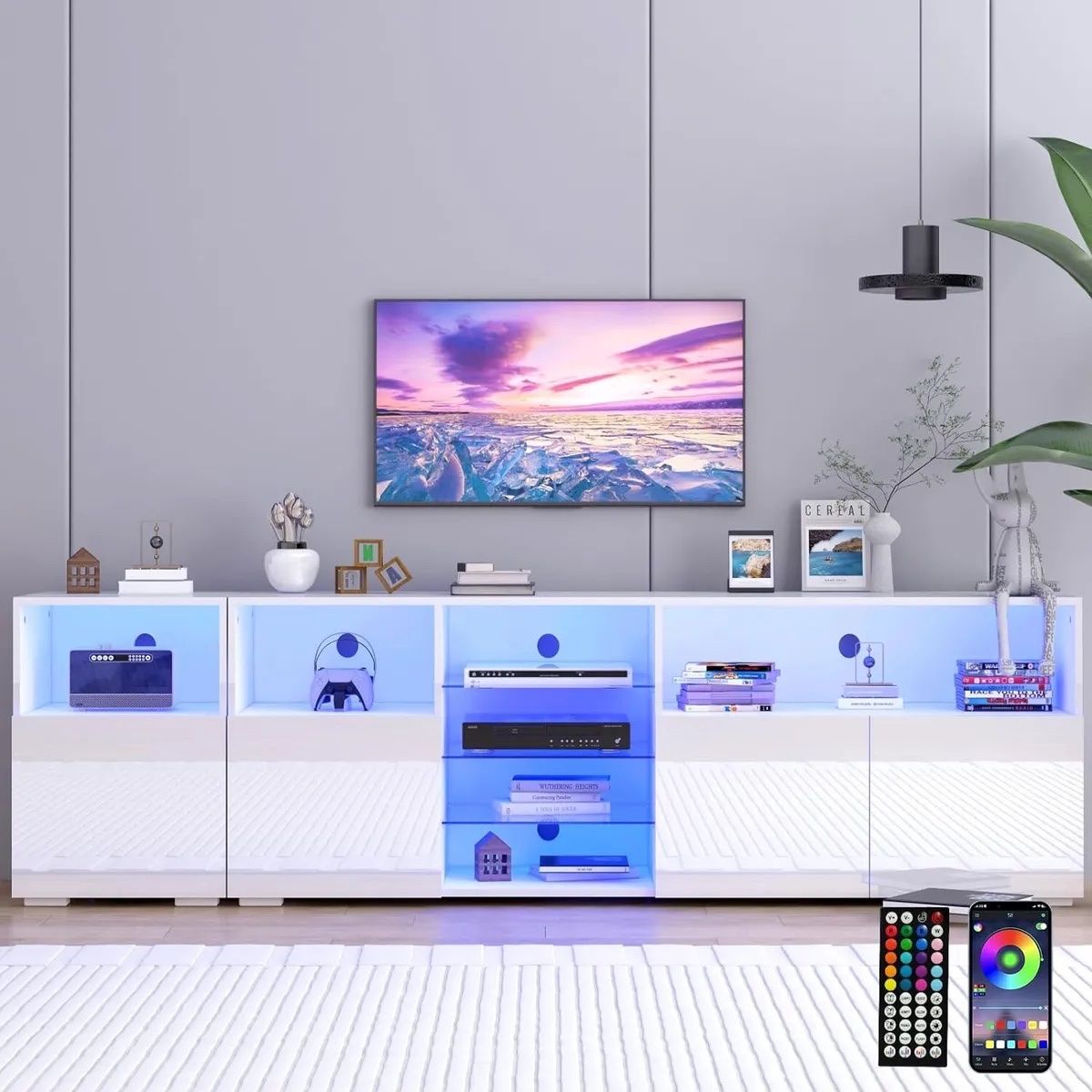 High Glossy LED TV Stand Cabinets for 85" TV Entertainment Center TV Table