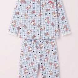 Hello Kitty Cartoon Satin Blue Pajama Set Multicolor Button Long Sleeve Women