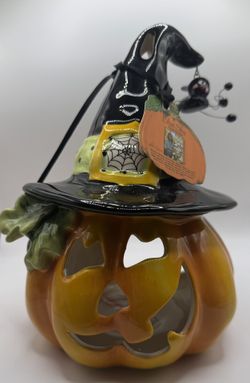 Blue Sky Clayworks Pumpkin w/ Witch Hat Jack-O-Lantern Halloween Tea Light