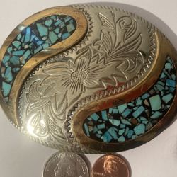 Vintage Belt Buckle German Silver And Turquoise 