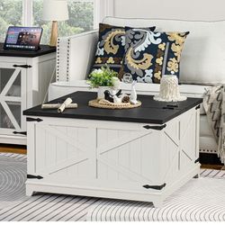 New in box Farmhouse Coffee Table with Hidden Storage Compartment, Antique Black & White Square Large Center Table for Living Room, Wood Rustic Wide C