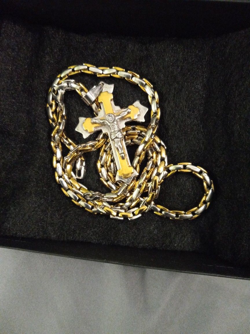 Men Italian Link Set/cross, Chain &bracelet /2tones/yellow And White Gold Plated /chain 20 Inches&bracelet 9 Inches