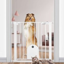 Newnice 26.7-29.5'' Narrow Baby Gate with Cat Door, Auto Close & Easy Walk Thru Dog Pet Gates for Stairs, Doorway, House, Pressure Mounted Safety Chil