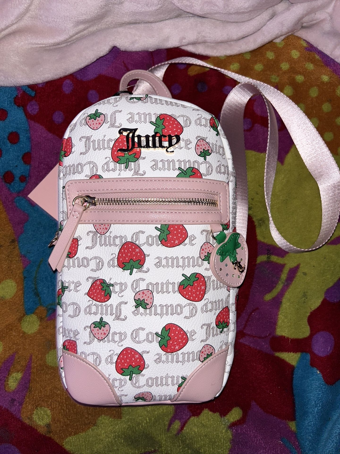 (Pending/On hold) NWT Juicy Couture Freshly Picked Sling Bag - Pecan White & Pink - Strawberries