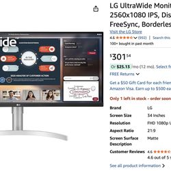LG UltraWide Monitor 34 in FHD, 2560x1080 IPS, Display HDR, AMD FreeSync, Borderless Design - $175.00