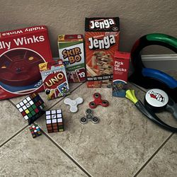 Pristine Condition and NEW! Bundle of Games: Air Simon, Bop It, Jenga, Pickup Sticks, Fidget Spinners, Skip Bo, UNO, Rubik's Cubes and Tiddly Winks