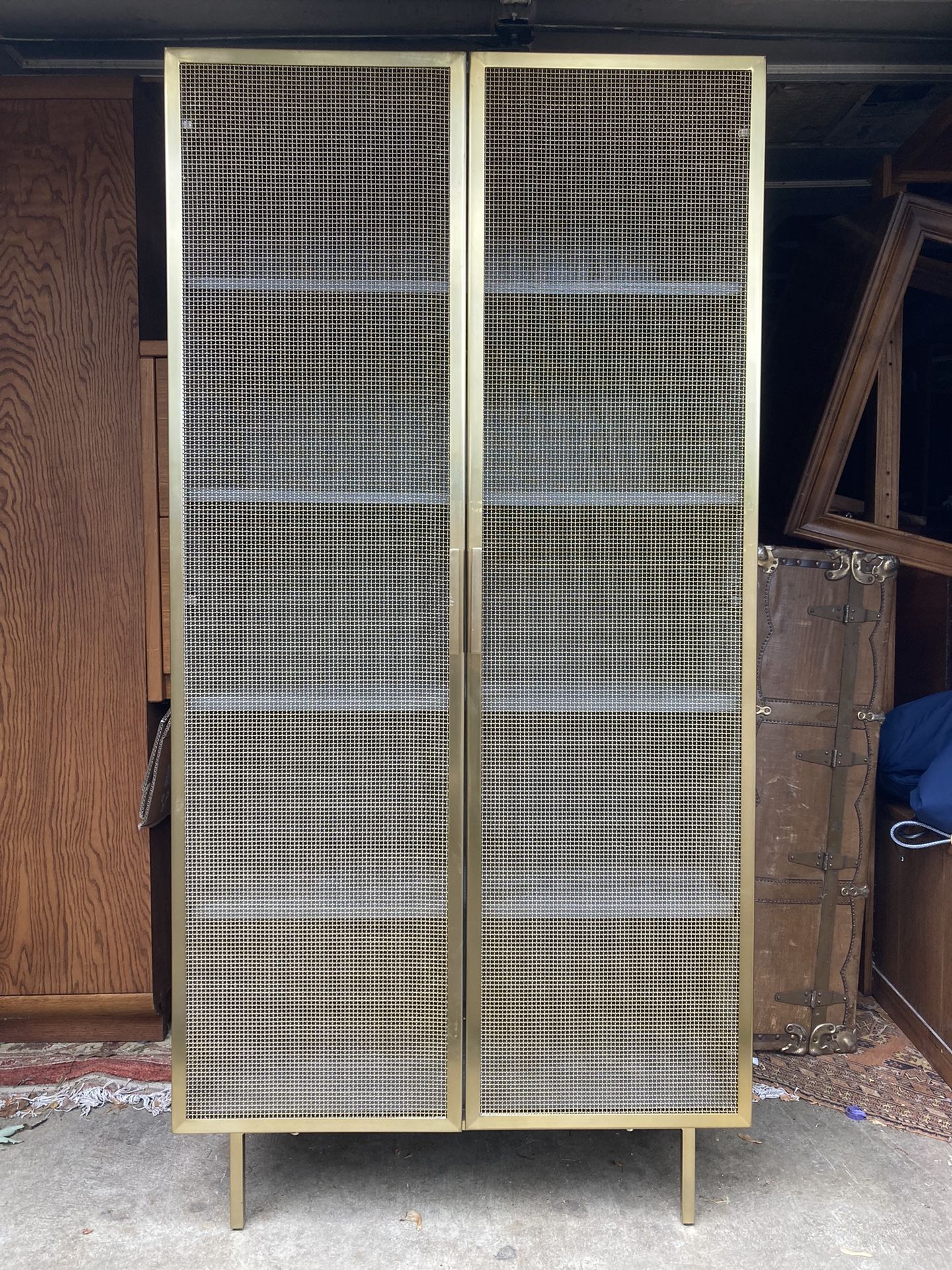 CB2 Trace Brass Gold Wire Cabinet Bookshelf Bookcase