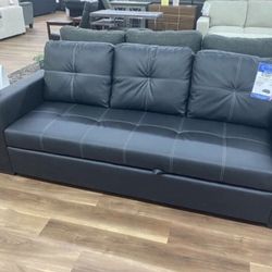 New Black Faux Leather Sofa Couch With Pop Up Sleeper Bed 