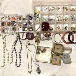 55 Lot Vintage Jewelry Collection- 14kt made in Italy Gold necklace, Sterling Silver charm, 925 Sterling ring, 14kt RGP ring, bangles, brooches