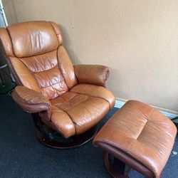 Reclining Cognac Leather Armchair and Ottoman