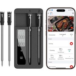 ROUUO Smart Wireless Meat Thermometer with Dual Probes, Bluetooth & WiFi Combo, High Precision & Fast Response for BBQ, Grill, Smoker, Oven, Air Fryer