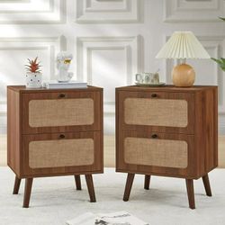 Wood Night Stand Set of 2, Mid Century Modern Nightstand with 2 Drawers, Nature Linen PanelBedside Table Rustic End Table Side Tables for Small Space,