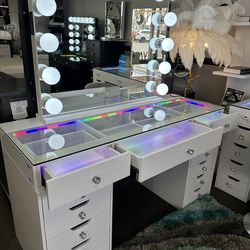 White Vanity Set w/ Bluetooth & LED Lights in Desk