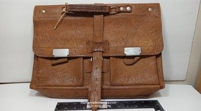 Vintage Brown Leather Briefcase Satchel 2-Pocket Messenger Bag Textured Leather