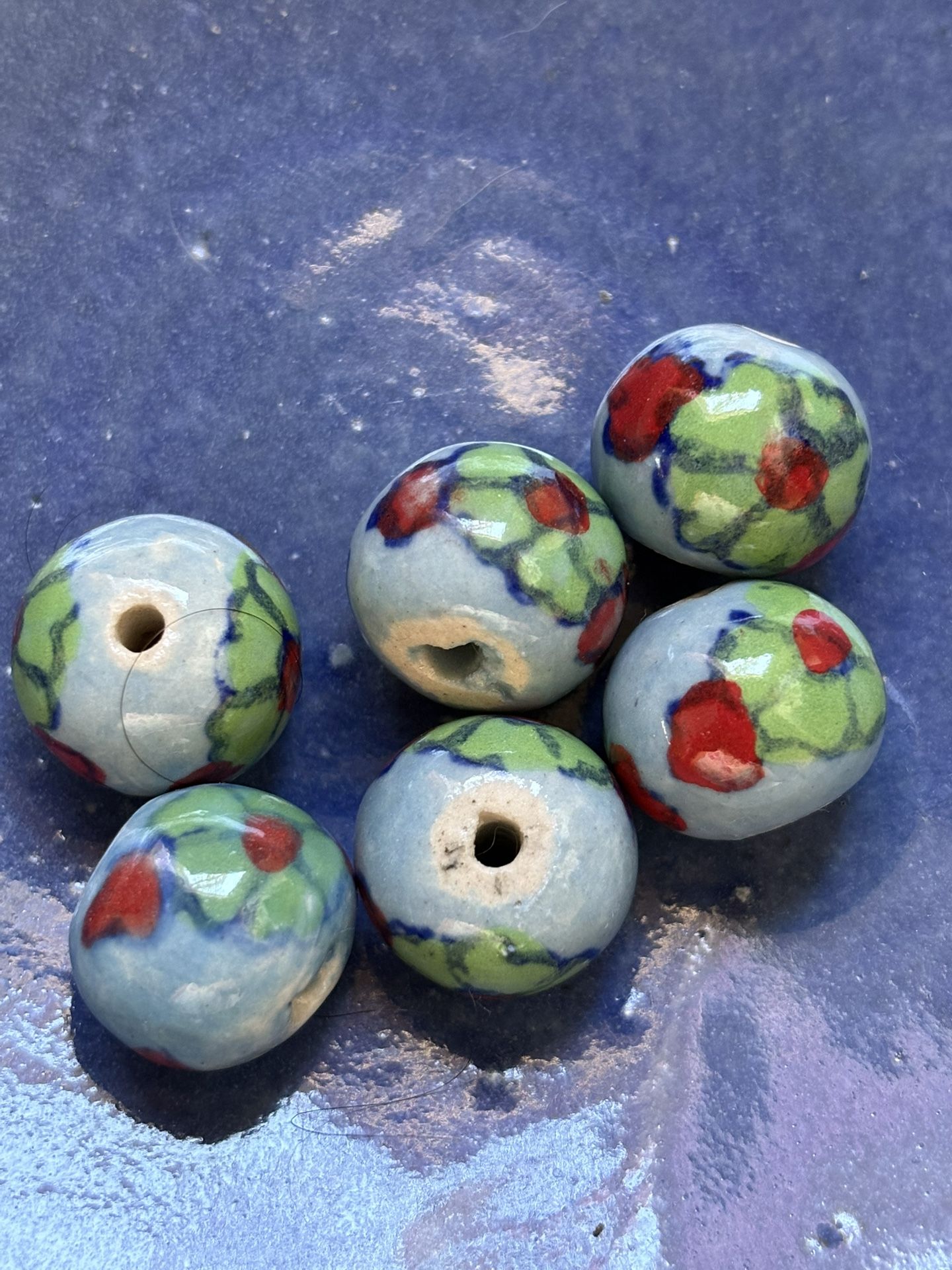 Blue Glazed Porcelain Floral Beads Large Hole (2–3 mm) DIY Jewelry Macramé (x6)