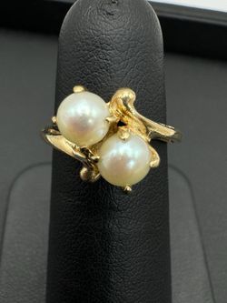 14k solid yellow gold 2 pearls ring size 5.5