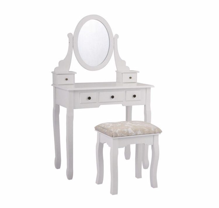 5 Drawers Vanity Table Set with Mirror and Cushioned Stool Makeup Dressing Table