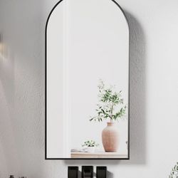 Hironpal Brushed Black Metal Framed Arched Medicine Cabinets with Mirror & Storage for Bathroom, Living Room, Not Recessed,16" x 31"