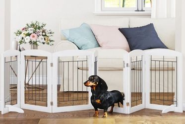 6 Panel Freestanding Pet Gate with Door measures 24"H by 120"W