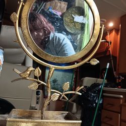 Antique Gold Tone Or Brass Or Gold Plated Vanity Mirror With Tray