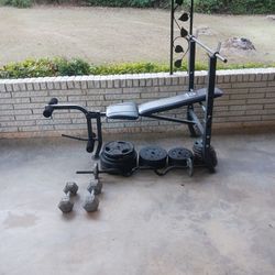 Work Out Bench, Dumb Bells, and Curl Bar