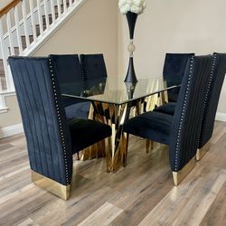 7pc Black / Gold Contemporary Glass Dining Set - 