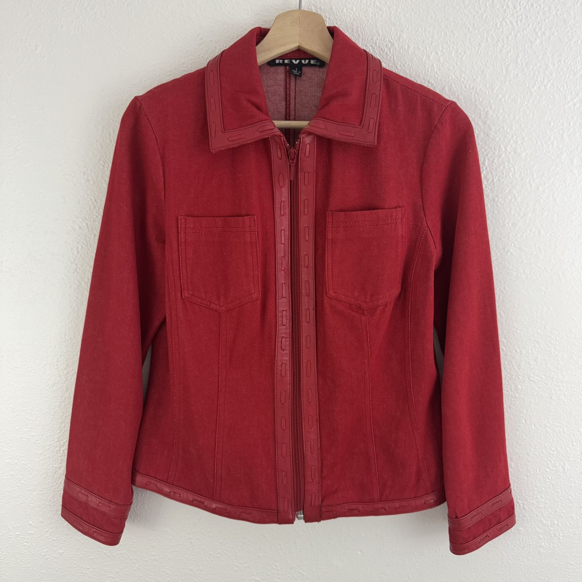 REVUE Vintage 90s Red Cotton Leather Trim Full Zip Biker Moto Jacket