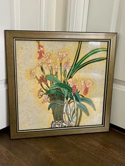 Vintage Contemporary Ceramic Tile Art Arrangement Of Orchids And Iris 18/19 Inch