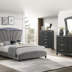 4pc Bedroom Set $999 Queen $1099 Eastern King Includes LED Fabric Bedframe Dresser mirror nightstand Gray/Black Diamond Bedroom Set