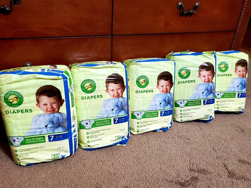 BRAND NEW 5 PKGS UNOPENED DIAPERS SZ 7 