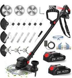21V Cordless Weed Wacker Lawn Edger, 4.6lbs Lightweight Battery Powered String Trimmer, 4-in-1 Brush Cutter with Metal Blades, Wire Brush & Guide Whee