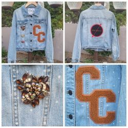 Continual Coincidences Brand Upcycled Vtg Denim Jean Jacket w/Brooch Accents 