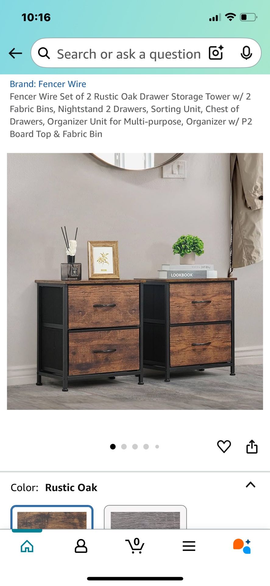 Fencer Wire Set of 2 Rustic Oak Drawer Storage Tower w/ 2 Fabric Bins, Nightstand 2 Drawers, Sorting Unit, Chest of Drawers, Organizer Unit for Multi-