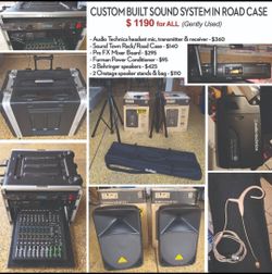 Custom-built Rack/ Road Case with Wireless Headset Mic and 2 Speakers with Stands