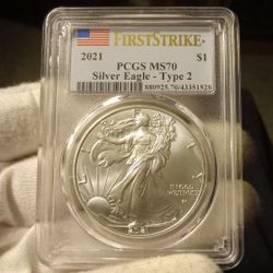 2021-P Silver American Eagle MS 70 Pcgs Type 2 First Strike