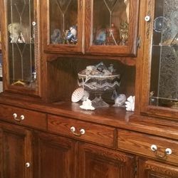 Oak Hutch 2 Pieces Brass Lined Glass