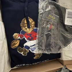 Polo Super Bowl Bear Hoodie Navy With Matching Beanie 2XL 