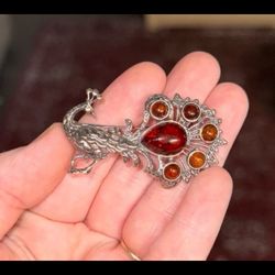 Vintage Sterling Silver Amber Peacock Brooch Pin
