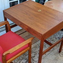 Mid Century Vintage Teak Danish Desk Vanity With Mirror And Teak Chair Nice condition