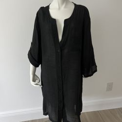 NWT Aimage Long Sleeve Button Down Black Blouse / Beach Cover Up size XXL