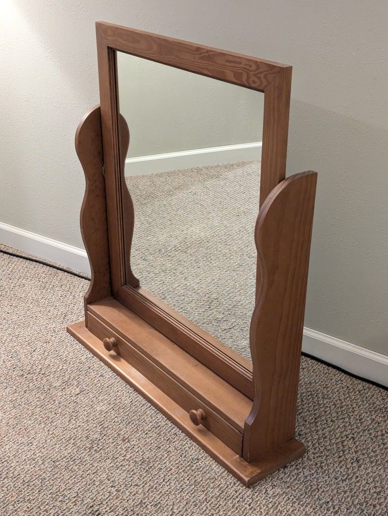 Wood-Framed Tilting Vanity Mirror with Drawer