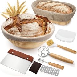 Sourdough Proofing Basket Gift Set, 9" Round and 10" Oval Banneton Bread Baking Supplies, Sourdough Baskets with Bread Lame, Danish Whish, Bowl Scrape