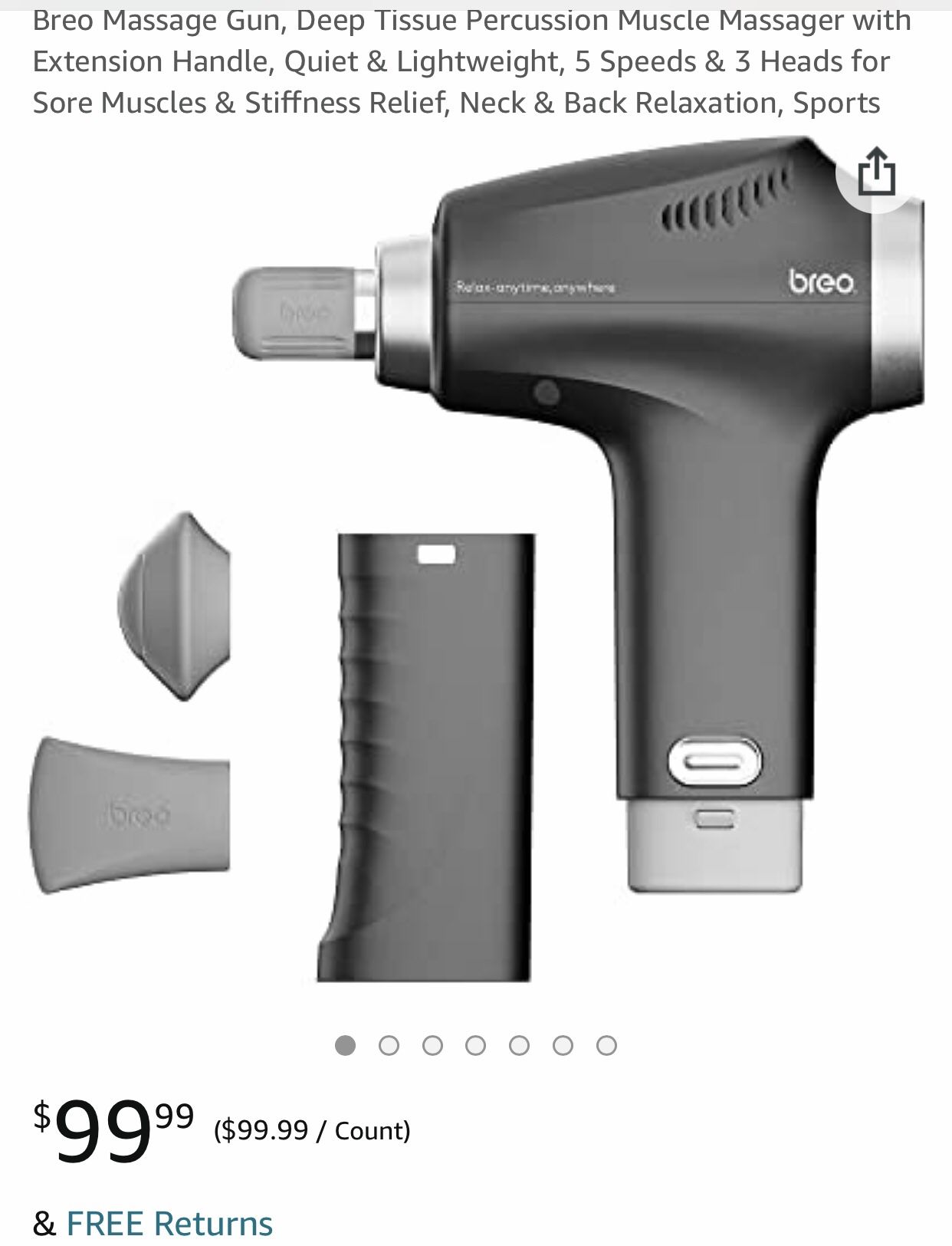 Breo Massage Gun, Deep Tissue Percussion Muscle Massager with Extension Handle, Quiet & Lightweight, 5 Speeds & 3 Heads for Sore Muscles & Stiffness R