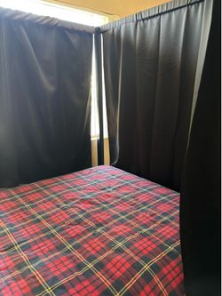 Black Metal Canopy Bed w/ Blackout Curtains + Full Mattress