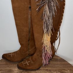Junk Gypsy by Lane, “Spirit Animal” Boots, Women’s Size 11, Chestnut Real Suede | Boho Fringe | Over-the-Knee